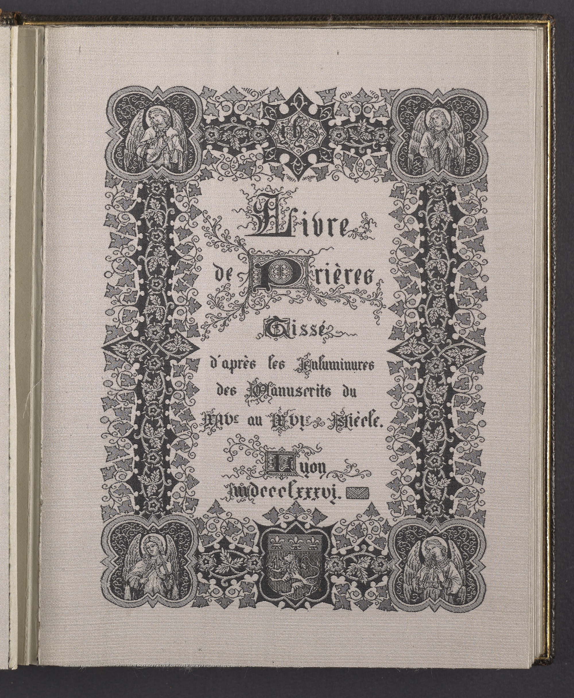 Photograph of the title page of a book woven in 1886