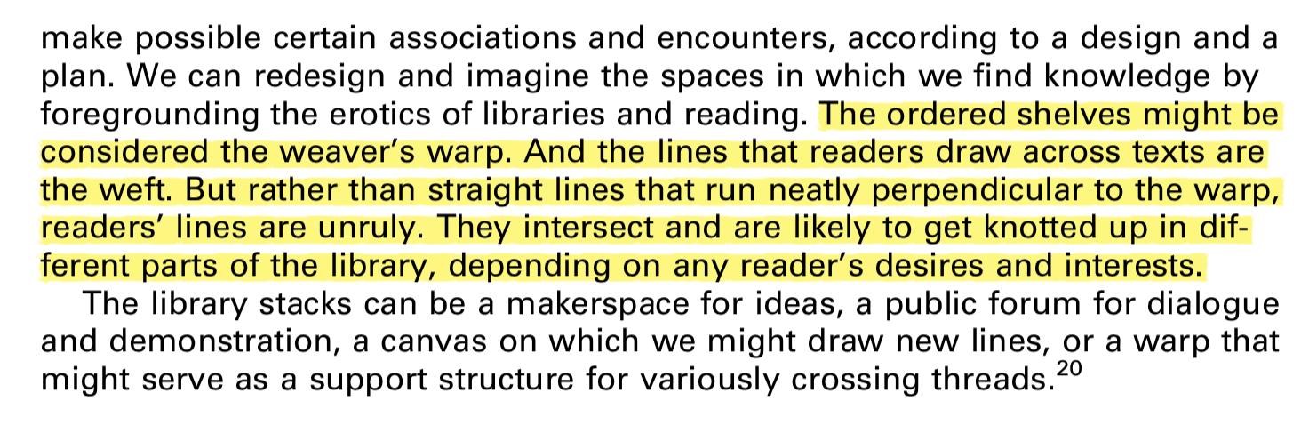 Screenshot of quotes from Melissa Adler's essay, "Eros in the Library"; quotes copied below