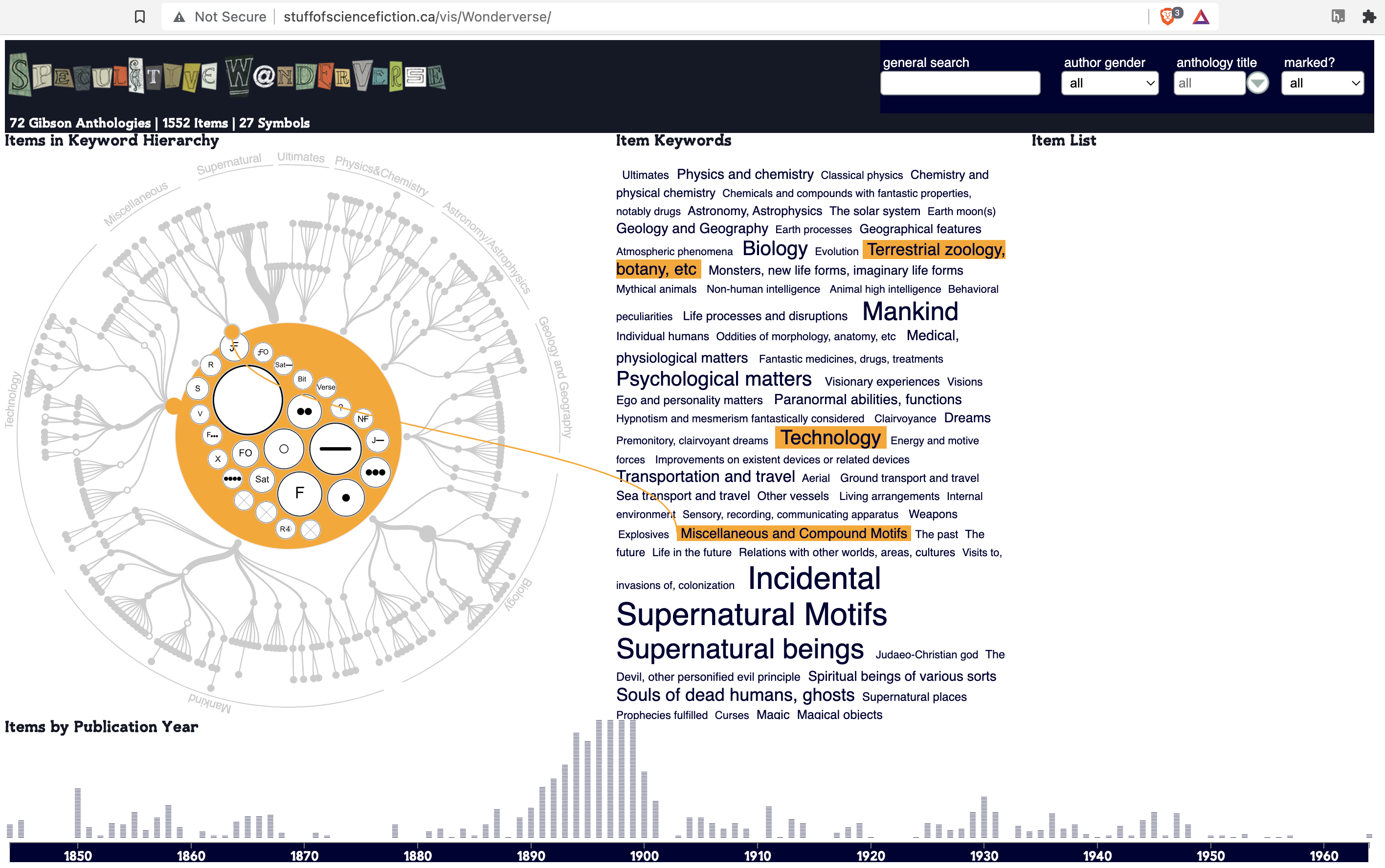 Screenshot from the Stuff of Science Fiction project's Speculative W@nderverse browser; link below